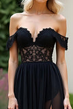 Black A Line Off the Shoulder Corset Lace Prom Dress with Slit