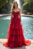 Sparkly Sweetheart Corset Red A Line Tiered Long Prom Dress