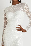 Sparkly White Bodycon Graduation Dress with Long Sleeves