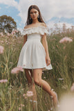 Flowy White Off The Shoulder A Line Short Graduation Dress with Ruffles