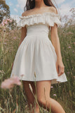 Flowy White Off The Shoulder A Line Short Graduation Dress with Ruffles