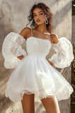 White Spaghetti Straps Short A Line Graduation Dress with Puff Sleeves