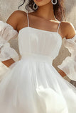 White Spaghetti Straps Short A Line Graduation Dress with Puff Sleeves