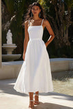 White Ankle Length Spaghetti Straps A Line Graduation Dress