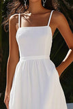 White Ankle Length Spaghetti Straps A Line Graduation Dress