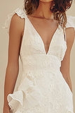 White Lace Deep V-Neck Graduation Dress with Ruffles