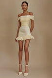 White Bodycon Satin Off The Shoulder Graduation Dress with Ruffles