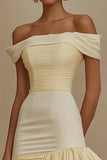 White Bodycon Satin Off The Shoulder Graduation Dress with Ruffles