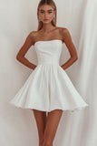 White Strapless A Line Ruched Short Graduation Dress