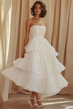 White Strapless A Line Tiered Long Graduation Dress