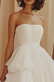 White Strapless A Line Tiered Long Graduation Dress