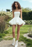 White Strapless Satin Short Graduation Dress