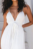 White V-Neck A Line Long Graduation Dress