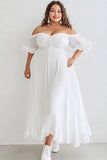 Plus Size White Off the Shoulder Tea Length Graduation Dress