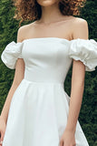 Satin White Off The Shoulder Petite Length Graduation Dress