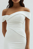 Ruched White Off The Shoulder Sheath Tea Length Graduation Dress