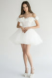 Off The Shoulder White A Line Tulle Graduation Dress with 3D Flowers