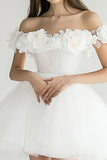 Off The Shoulder White A Line Tulle Graduation Dress with 3D Flowers