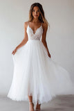 White A Line Tulle Spaghetti Straps Graduation Dress with Lace