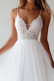 White A Line Tulle Spaghetti Straps Graduation Dress with Lace