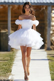 White Off the Shoulder Tulle Tiered Mini Graduation Dress