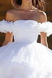 White Off the Shoulder Tulle Tiered Mini Graduation Dress