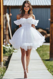 White Off the Shoulder Tulle Ruffled A Line Mini Graduation Dress