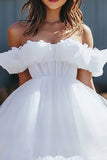 White Off the Shoulder Tulle Ruffled A Line Mini Graduation Dress