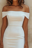 White Off the Shoulder Satin Sheath Graduation Dress