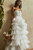 White Organza Strapless Tiered A Line Long Graduation Dress