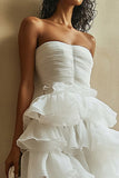 White Organza Strapless Tiered A Line Long Graduation Dress