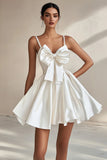 White Satin Spaghetti Straps A Line Short Graduation Dress with Bowknot