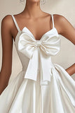 White Satin Spaghetti Straps A Line Short Graduation Dress with Bowknot