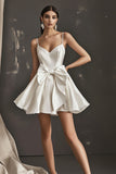 White Satin V Neck A Line Short Graduation Dress with Bowknot