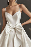 White Satin V Neck A Line Short Graduation Dress with Bowknot