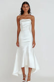 White Satin Strapless Sheath Tea Length Graduation Dress