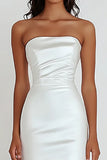 White Satin Strapless Sheath Tea Length Graduation Dress