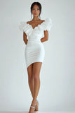 White V Neck Satin Bodycon Short Graduation Dress with Ruffles