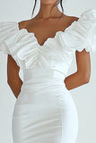 White V Neck Satin Bodycon Short Graduation Dress with Ruffles