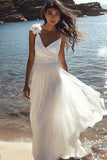 White Chiffon A Line Floor Length Graduation Dress with Flowers