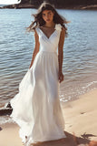 Chiffon A Line White V-Neck Long Graduation Dress