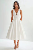 White Satin A Line V-Neck Long Graduation Dress with Beading