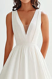 White Satin A Line V-Neck Long Graduation Dress with Beading