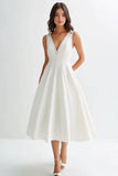 Satin A Line White V-Neck Tea Length Graduation Dress