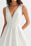 Satin A Line White V-Neck Tea Length Graduation Dress