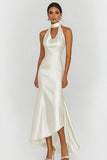 White Halter Sheath Satin Long Graduation Dress