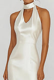 White Halter Sheath Satin Long Graduation Dress