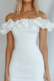 White Bodycon Off the Shoulder Graduation Dress with Ruffles