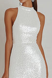 Sparkly White Halter Sequins Bodycon Graduation Dress