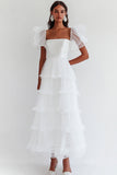 White Chiffon Tiered A Line Graduation Dress with Half Sleeves